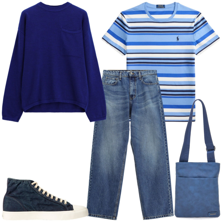 Outfit uomo - Total look #2488713. Stile Urban per Tutti i giorni. Abbinamento con jeans, maglieria, sneakers, t-shirt, portafogli.