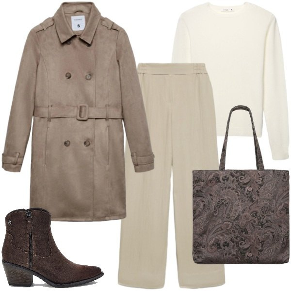Outfit donna - Trench oversize: il gioco delle proporzi. Stile Minimal per Tutti i giorni. Abbinamento con pantaloni, maglieria, trench, borse tote, stivaletti texani.