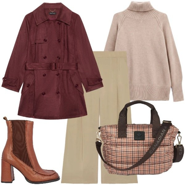 Outfit donna - Maxi trench e borsa impermeabile. Stile Minimal per Tutti i giorni. Abbinamento con pullovers, pantaloni, trench, borse tote, stivaletti chelsea.