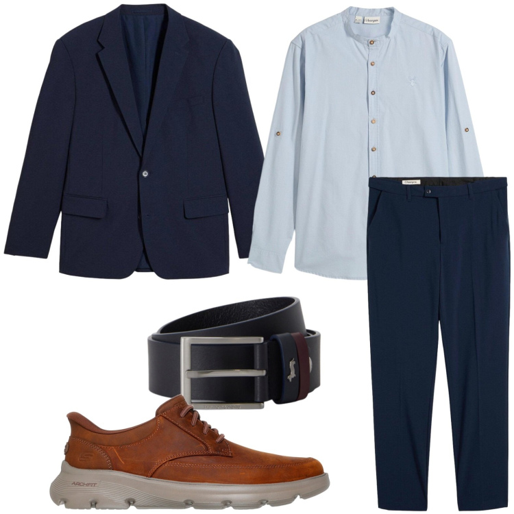 Outfit uomo - Aperitivo dopo lavoro. Stile Casual per Ufficio. Abbinamento con cinture, scarpe stringate, pantaloni, camicie, giacche.