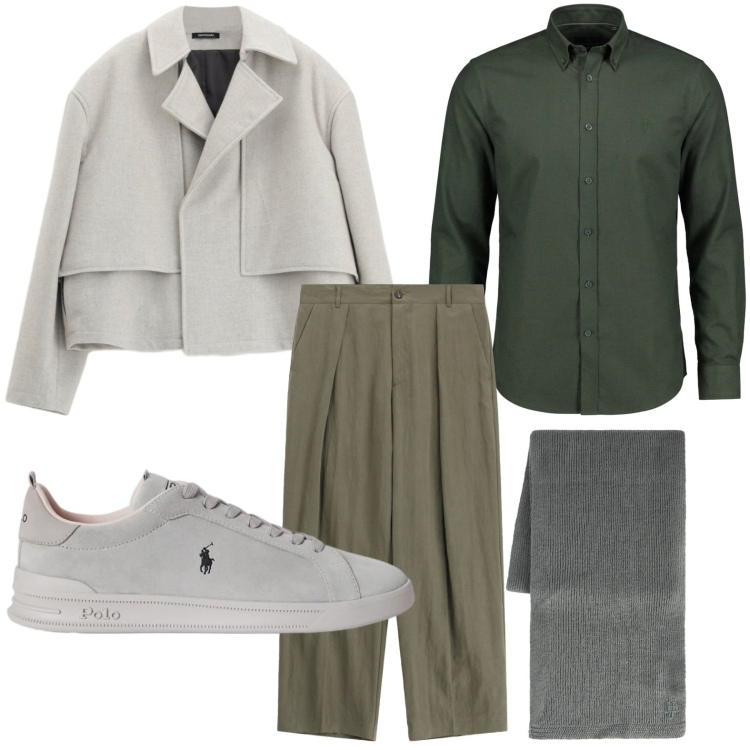 Outfit uomo - Eleganza neutra. Stile Trendy per Ufficio. Abbinamento con sciarpe, camicie, pantaloni, giacche, sneakers.