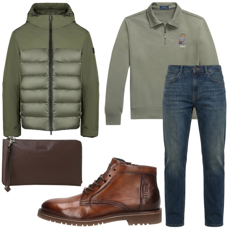 Outfit uomo - Stile dinamico. Stile Trendy per Tutti i giorni. Abbinamento con jeans, portafogli, felpe, piumini, stivali e stivaletti.