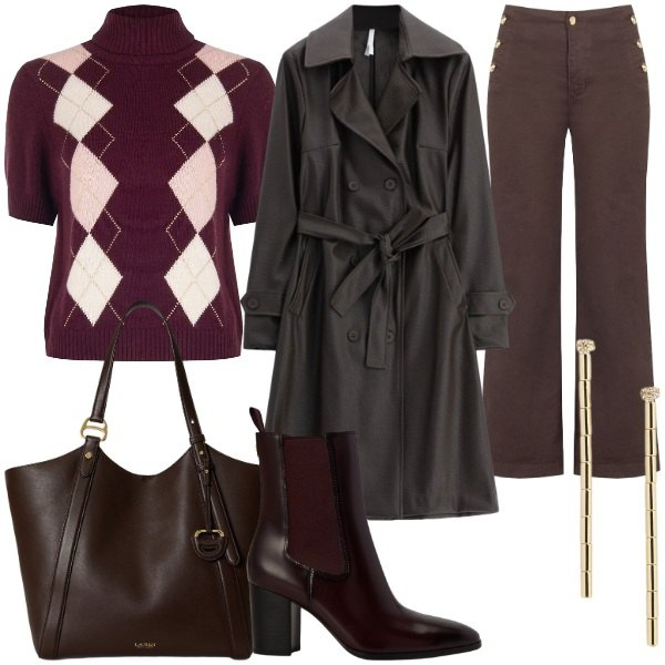 Outfit donna - Trench e proporzioni. Stile Casual chic per Tutti i giorni. Abbinamento con trench, orecchini, borse tote, stivaletti, maglieria, pantaloni.