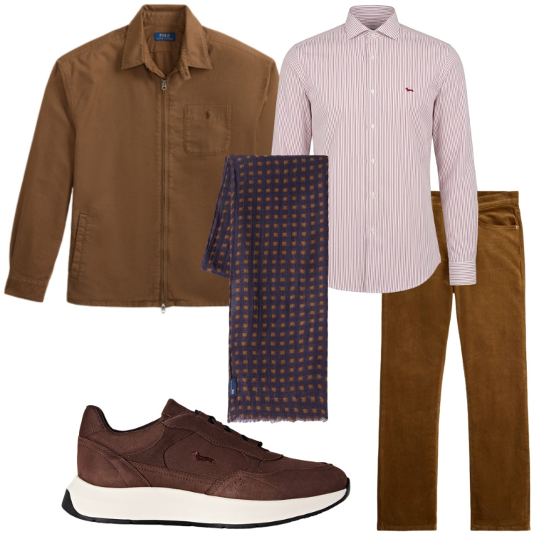 Outfit uomo - Toni caldi. Stile Urban per Tutti i giorni. Abbinamento con sneakers, camicie, sciarpe, pantaloni, cappotti.