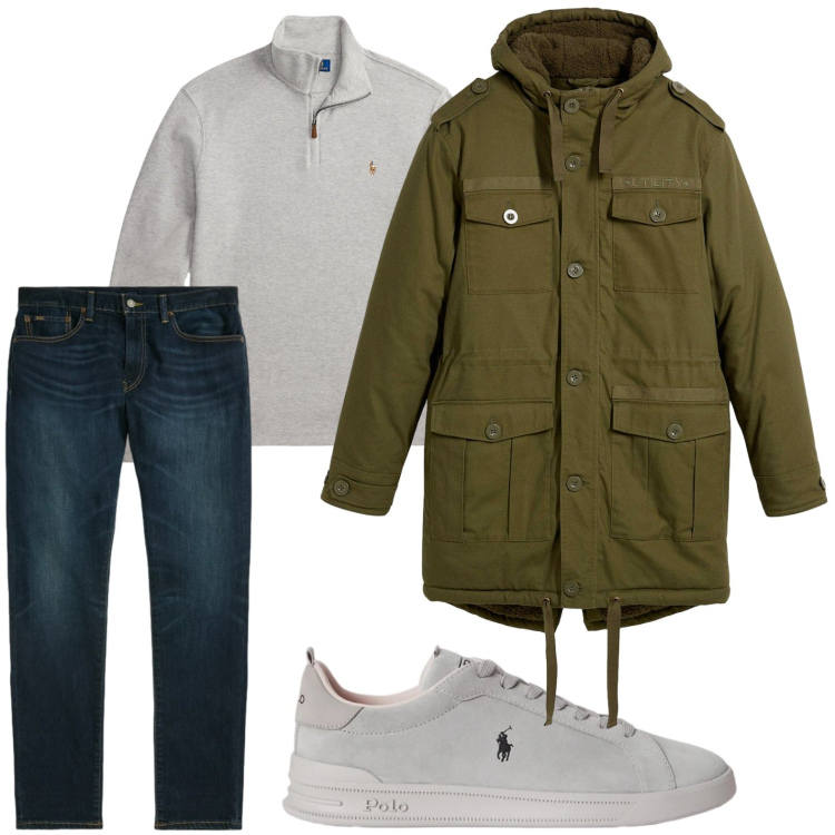 Outfit uomo - Parka iconico. Stile Trendy per Tutti i giorni. Abbinamento con pullovers, sneakers, jeans, parka.