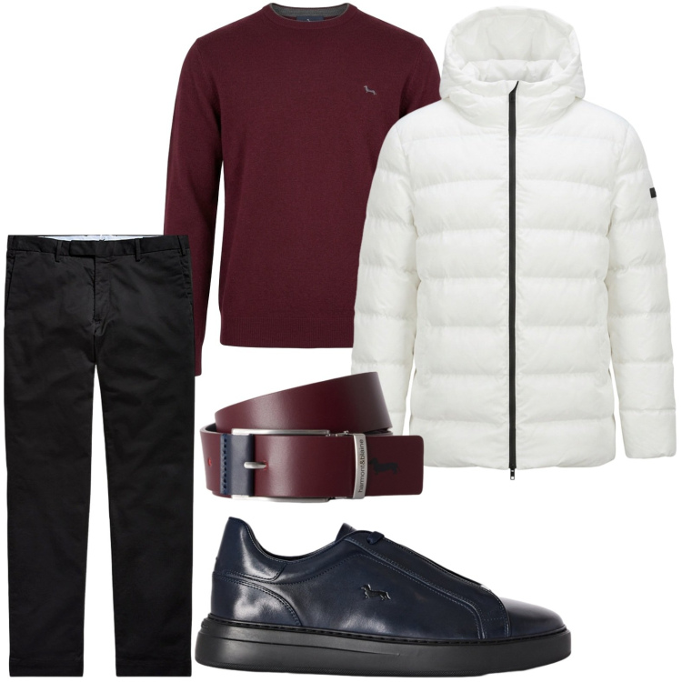 Outfit uomo - Piumino avvolgente. Stile Casual per Tutti i giorni. Abbinamento con cinture, maglieria, sneakers, pantaloni chino, giacche.