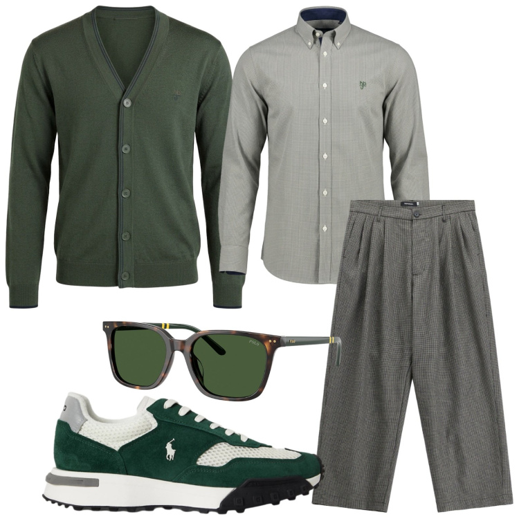Outfit uomo - Camicia must have. Stile Trendy per Tutti i giorni. Abbinamento con cardigans, camicie, pantaloni, occhiali da sole, sneakers.