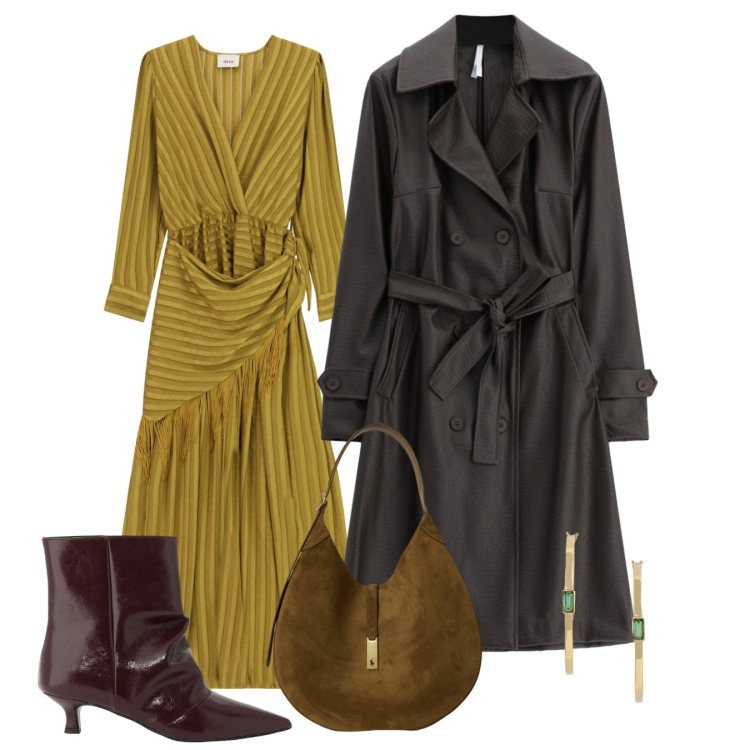 Outfit donna - Trench oversize: il gioco delle proporzi. Stile Chic per Tutti i giorni. Abbinamento con trench, borse a spalla, orecchini, vestiti lunghi, stivaletti.