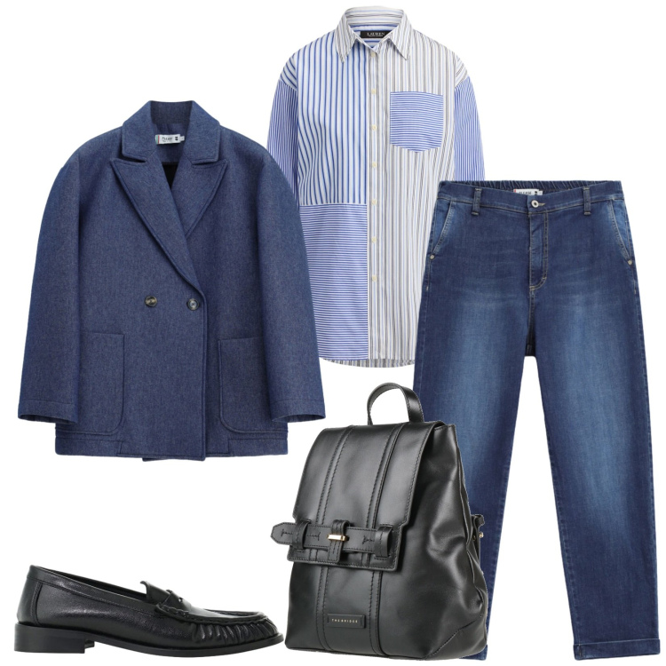 Outfit donna - Total look #2488755. Stile Urban per Ufficio. Abbinamento con mocassini, camicie, cappotti, jeans dritti, zaini.