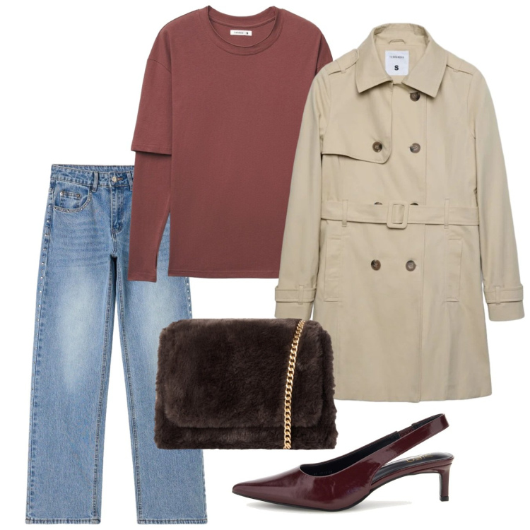 Outfit donna - Trench oversize: il gioco delle proporzi. Stile Casual chic per Tutti i giorni. Abbinamento con t-shirt, borse a tracolla, trench, jeans, décolleté.