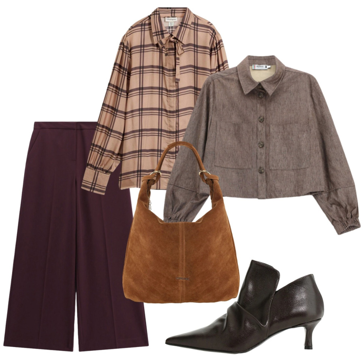 Outfit donna - Monocromo in marrone. Stile Bon Ton per Ufficio. Abbinamento con borse a spalla, stivaletti, pantaloni a palazzo, cappotti, camicie.