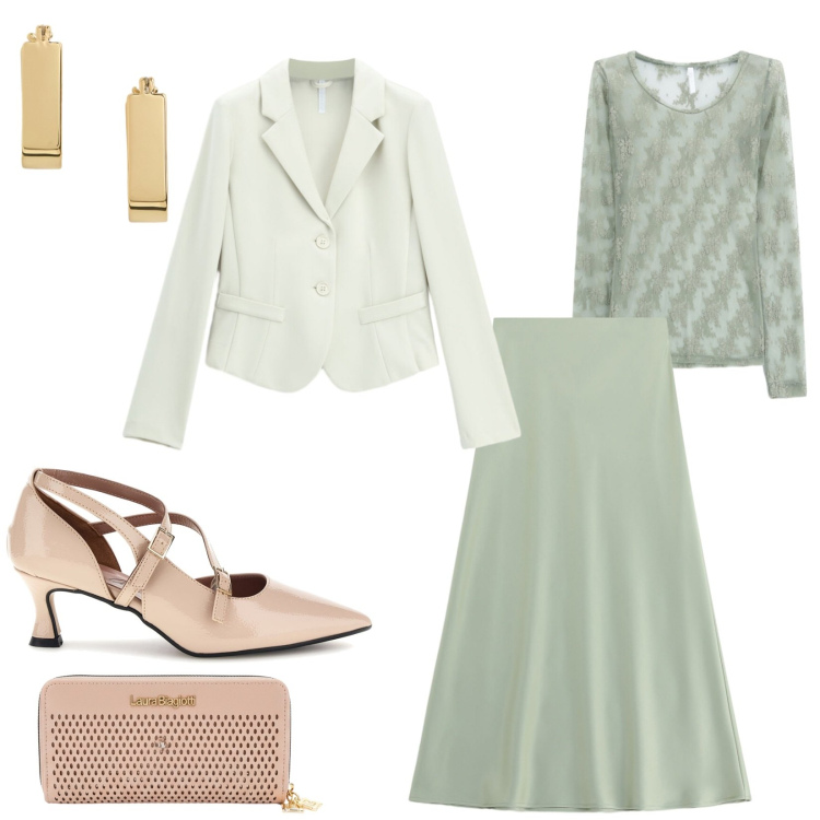 Outfit donna - Total look #2488763. Stile Chic per Cerimonia. Abbinamento con blazer, gonne lunghe, t-shirt, orecchini, décolleté, portafogli.