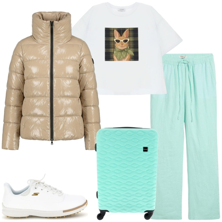 Outfit donna - Total look #2488770. Stile Casual per Tutti i giorni. Abbinamento con pantaloni, t-shirt, piumini, sneakers, valigie.