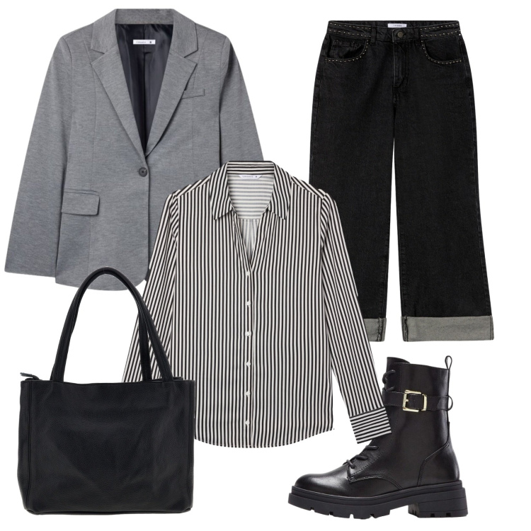 Outfit donna - La camicia a righe. Stile Basic per Ufficio. Abbinamento con blazer, camicie, jeans dritti, anfibi, borse a spalla.