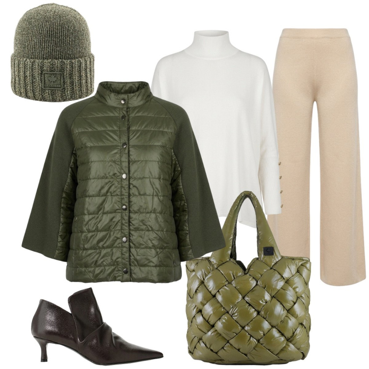 Outfit donna - Verde oliva in Autunno. Stile Minimal per Tutti i giorni. Abbinamento con stivaletti, borse tote, berretti, blazer, pullovers, pantaloni a palazzo.