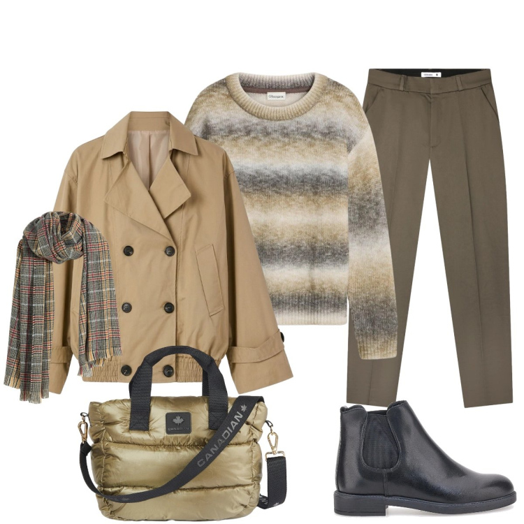 Outfit donna - In città. Stile Casual chic per Tutti i giorni. Abbinamento con borse tote, pantaloni chino, trench, sciarpe, stivaletti chelsea, maglieria.