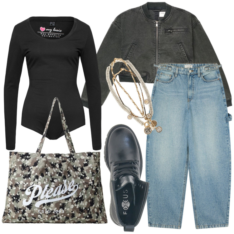 Outfit donna - Ottobre. Stile Basic per Tutti i giorni. Abbinamento con shopping bag, collane, jeans, bomber, anfibi, body.