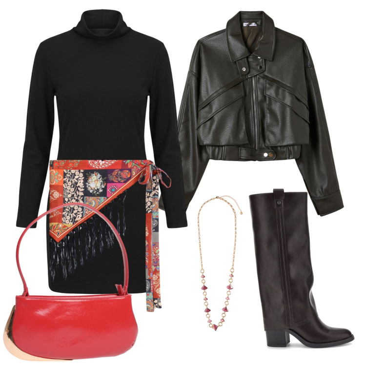 Outfit donna - Ottobre. Stile Trendy per Tutti i giorni. Abbinamento con collane, foulard, borse a spalla, vestiti corti, bomber, stivali.