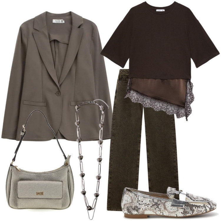 Outfit donna - A lavoro. Stile Urban per Ufficio. Abbinamento con collane, blazer, t-shirt, jeans dritti, mocassini, borse a spalla.