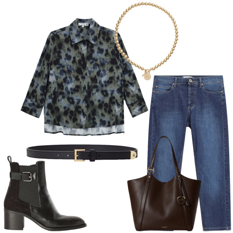 Outfit donna - Total look #2488853. Stile Glamour per Tutti i giorni. Abbinamento con stivaletti, collane, cinture, borse tote, camicie, jeans dritti.