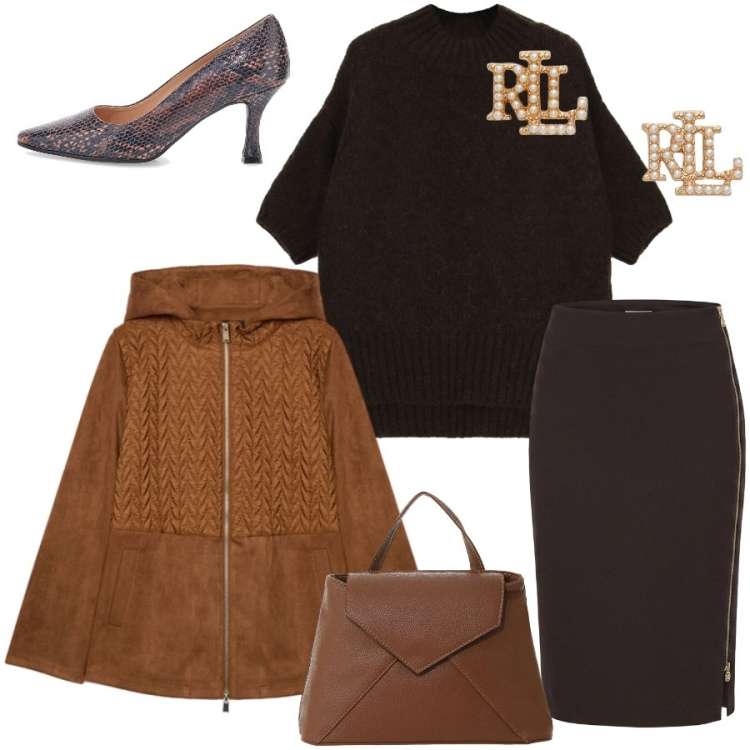 Outfit donna - Ufficio. Stile Chic per Ufficio. Abbinamento con maglieria, borse a mano, blazer, orecchini, gonne longuette, décolleté.