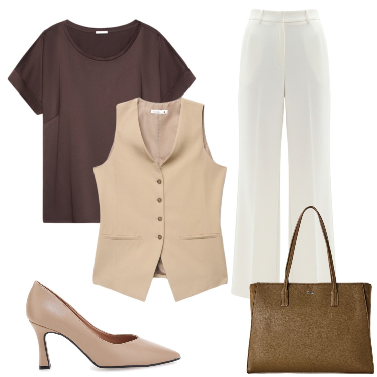 Outfit donna - Total look #2488855. Stile Casual chic per Tutti i giorni. Abbinamento con shopping bag, t-shirt, pantaloni a palazzo, gilet, décolleté.
