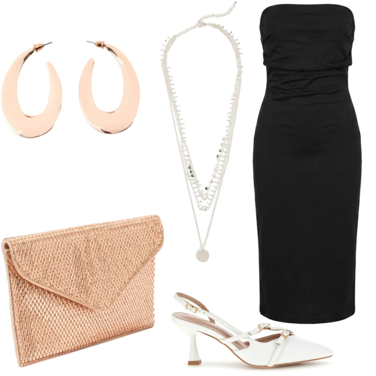 Outfit donna - Quiet luxury. Stile Romantica per Cerimonia. Abbinamento con vestiti midi/longuette, pochette, collane, décolleté, orecchini.