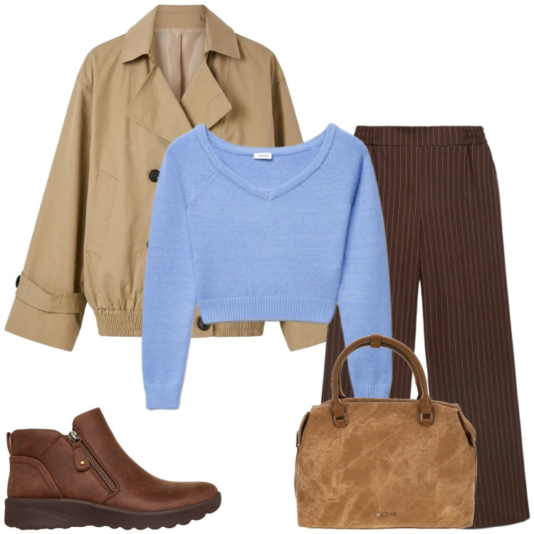 Outfit donna - Total look #2488859. Stile Glamour per Tutti i giorni. Abbinamento con pantaloni, trench, maglieria, borse a tracolla, stivaletti.