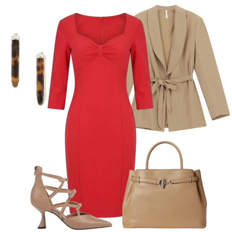 Outfit donna - L'abito rosso. Stile Basic per Serata fuori. Abbinamento con blazer, borse a mano, orecchini, vestiti midi/longuette, décolleté.