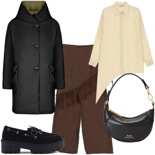 Outfit donna - Mid Season Sale - Autumn Upgrade. Stile Urban per Tutti i giorni. Abbinamento con borse a spalla, pantaloni a palazzo, camicie, cappotti, mocassini.