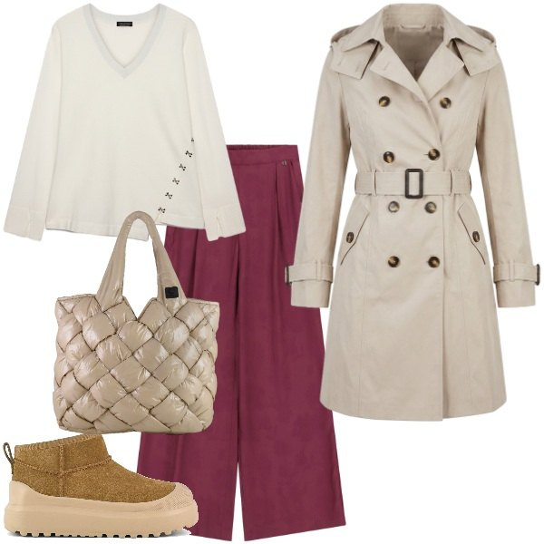 Outfit donna - Mid Season Sale - Autumn Upgrade. Stile Urban per Tutti i giorni. Abbinamento con maglieria, pantaloni a palazzo, borse tote, trench, stivali.