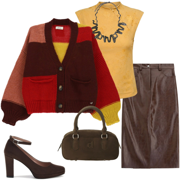 Outfit donna - Mid Season Sale. Stile Casual chic per Ufficio. Abbinamento con ciondoli, gonne longuette, borse a mano, cardigans, top, décolleté.