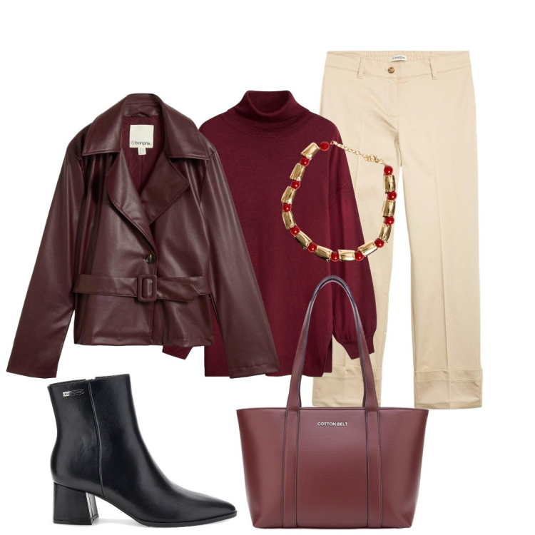 Outfit donna - Eleganza bordeaux. Stile Chic per Tutti i giorni. Abbinamento con collane, trench, pantaloni chino, shopping bag, stivaletti, pullovers.