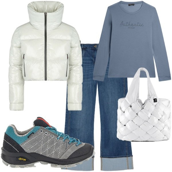 Outfit donna - Mid Season Sale - Autumn Upgrade. Stile Sporty chic per Tutti i giorni. Abbinamento con jeans dritti, felpe, piumini, borse tote, stivaletti.
