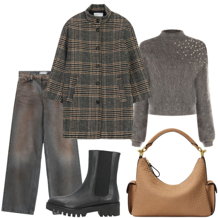 Outfit donna - Cappotto check e pullover con cristalli. Stile Basic per Ufficio. Abbinamento con borse a spalla, jeans dritti, cappotti, maglieria, stivaletti chelsea.