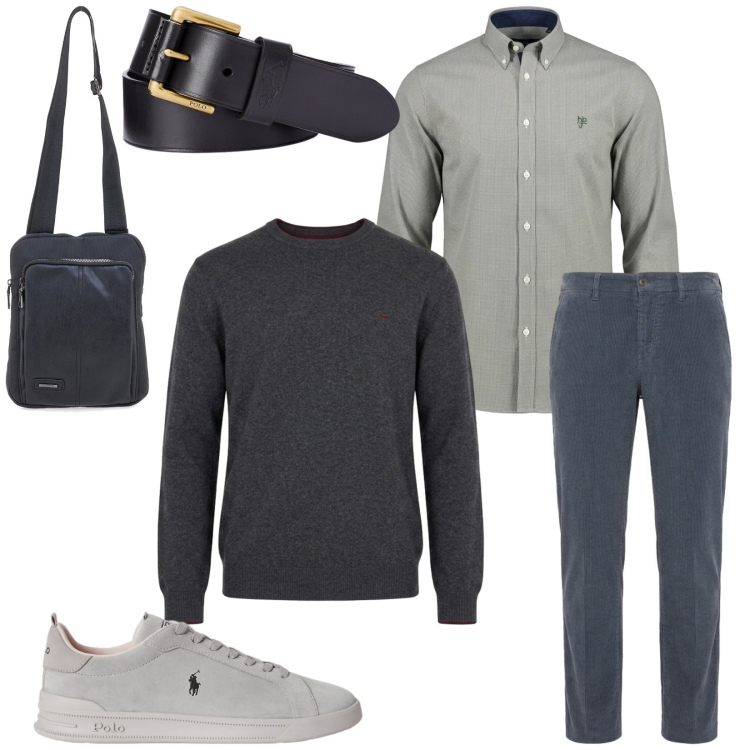 Outfit uomo - Total look #2488895. Stile Trendy per Ufficio. Abbinamento con pantaloni, maglieria, camicie, sneakers, cinture, portafogli.