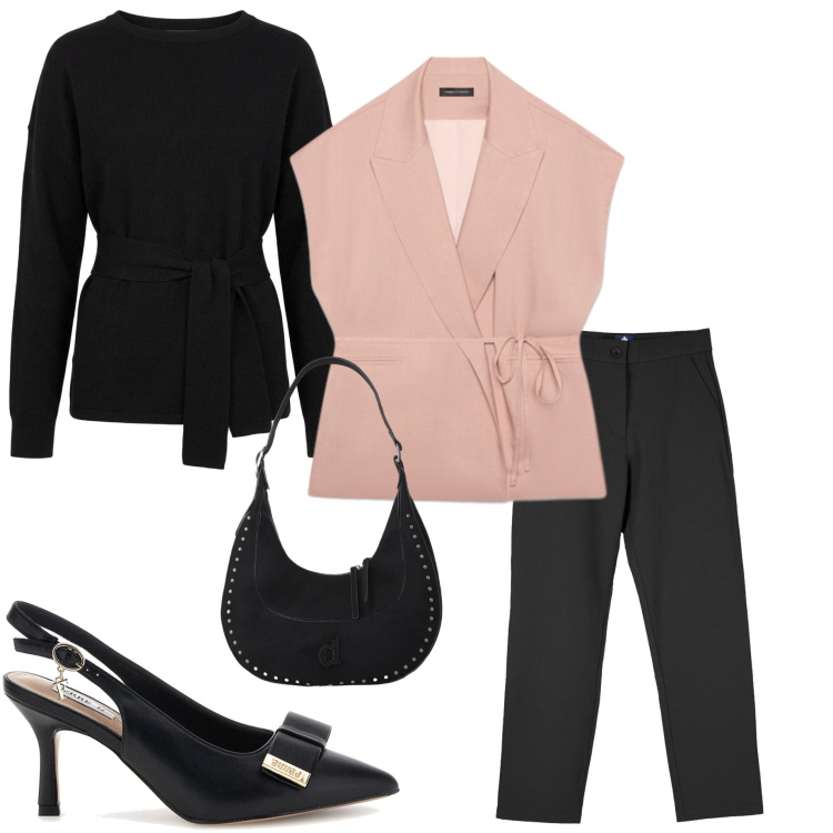 Outfit donna - Mid Season Sale. Stile Casual chic per Serata fuori. Abbinamento con gilet, borse a spalla, pantaloni chino, maglieria, décolleté.