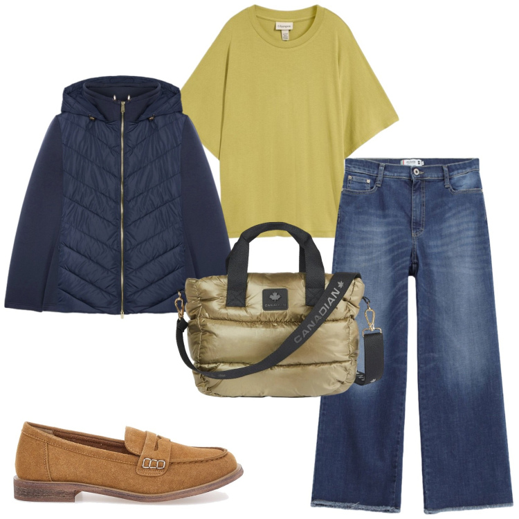 Outfit donna - Total look #2488899. Stile Chic per Tutti i giorni. Abbinamento con piumini, jeans, borse tote, mocassini, t-shirt.
