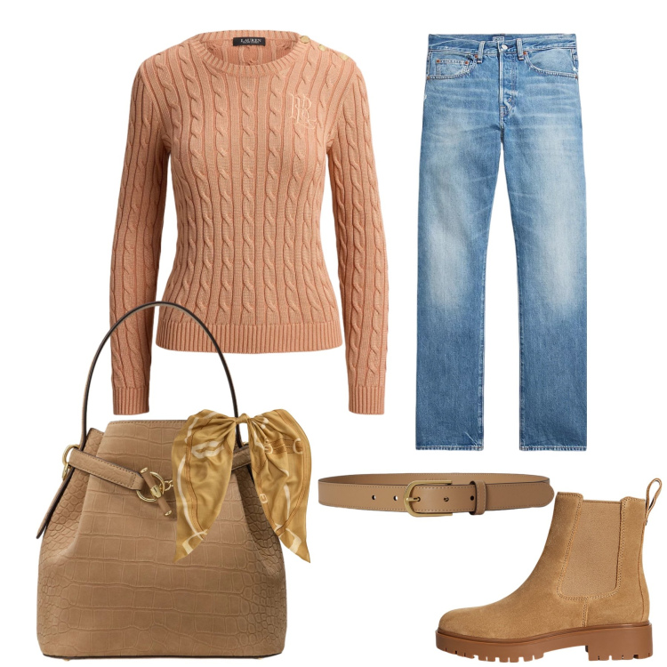 Outfit donna - Total look #2488914. Stile Casual chic per Tutti i giorni. Abbinamento con stivaletti, jeans dritti, cinture, maglieria, borse a secchiello, foulard.
