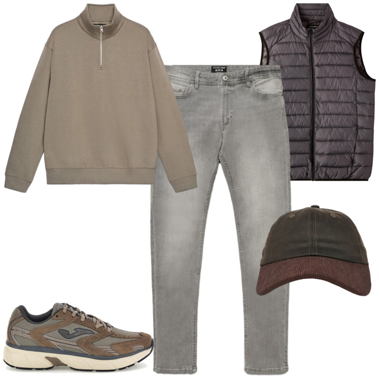 Outfit uomo - Ottobre. Stile Casual per Tutti i giorni. Abbinamento con piumini, jeans skinny, felpe, cappelli con visiera, sneakers.