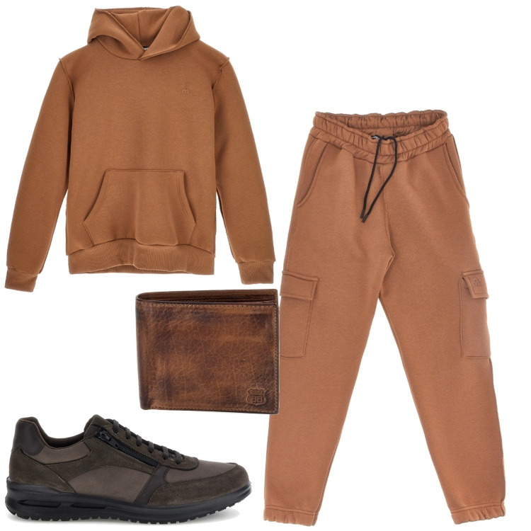 Outfit uomo - Comfy. Stile Casual per Tutti i giorni. Abbinamento con pantaloni cargo, felpe con cappuccio, portafogli, sneakers.