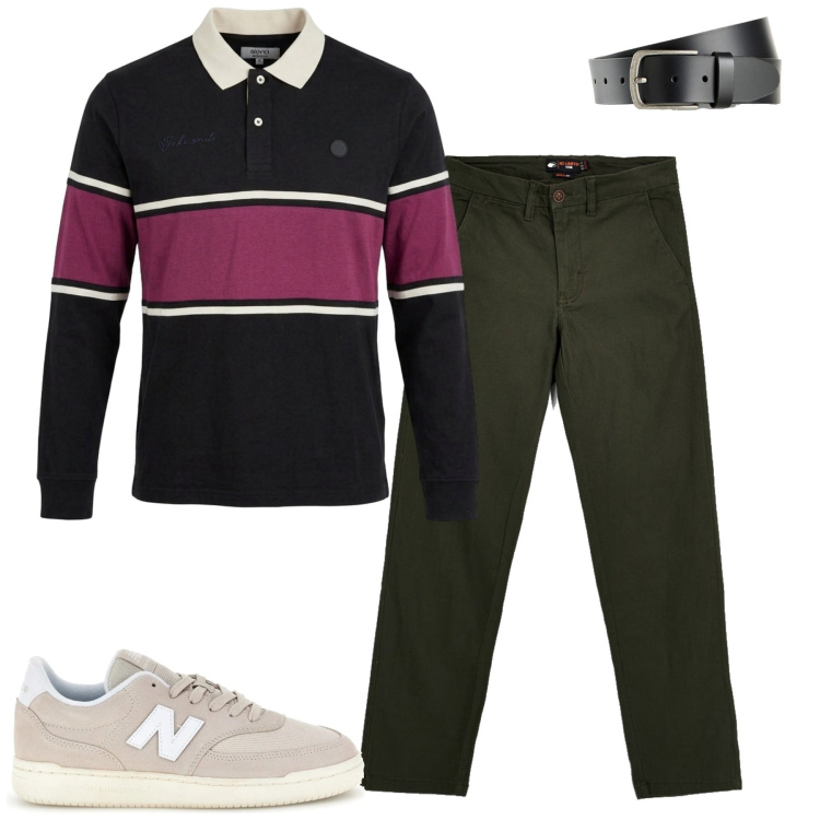 Outfit uomo - Ottobre. Stile Urban per Tutti i giorni. Abbinamento con polo, sneakers, cinture, pantaloni chino.