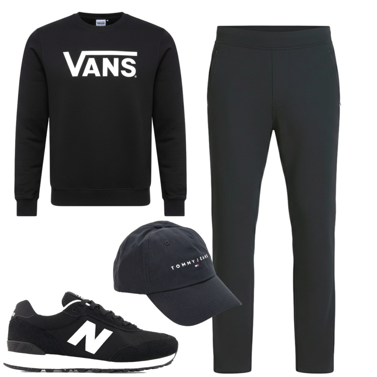 Outfit uomo - Dinamico. Stile Casual per Tutti i giorni. Abbinamento con cappelli con visiera, sneakers, pantaloni, felpe.