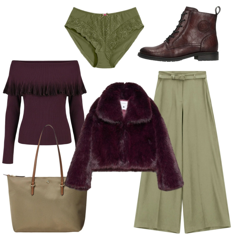 Outfit donna - A cena in burgundy e verde oliva. Stile Urban per Serata fuori. Abbinamento con pantaloni a palazzo, borse tote, maglieria, blazer, anfibi, culotte.