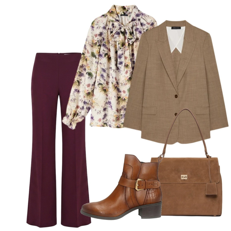 Outfit donna - Ottobre. Stile Bon Ton per Ufficio. Abbinamento con blazer, borse a mano, bluse, pantaloni a palazzo, stivaletti.