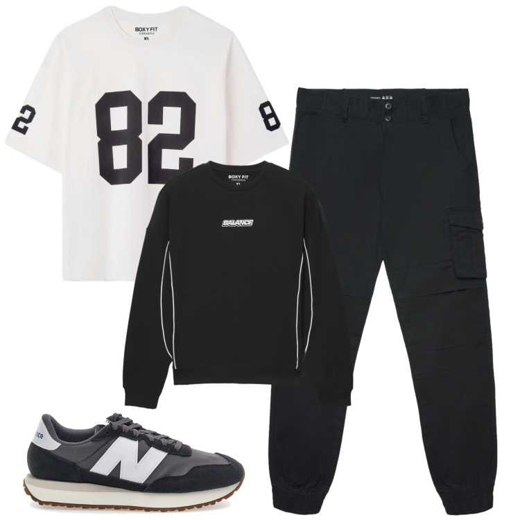 Outfit uomo - Ottobre. Stile Casual per Tutti i giorni. Abbinamento con felpe, t-shirt, pantaloni cargo, sneakers.