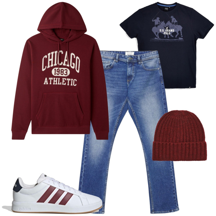 Outfit uomo - City. Stile Casual per Tutti i giorni. Abbinamento con felpe con cappuccio, jeans, berretti, t-shirt, sneakers.