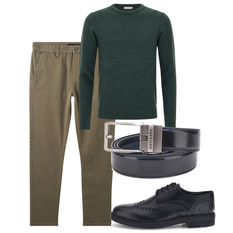 Outfit uomo - Autunno. Stile Casual per Tutti i giorni. Abbinamento con pantaloni chino, cinture, maglieria, scarpe stringate.