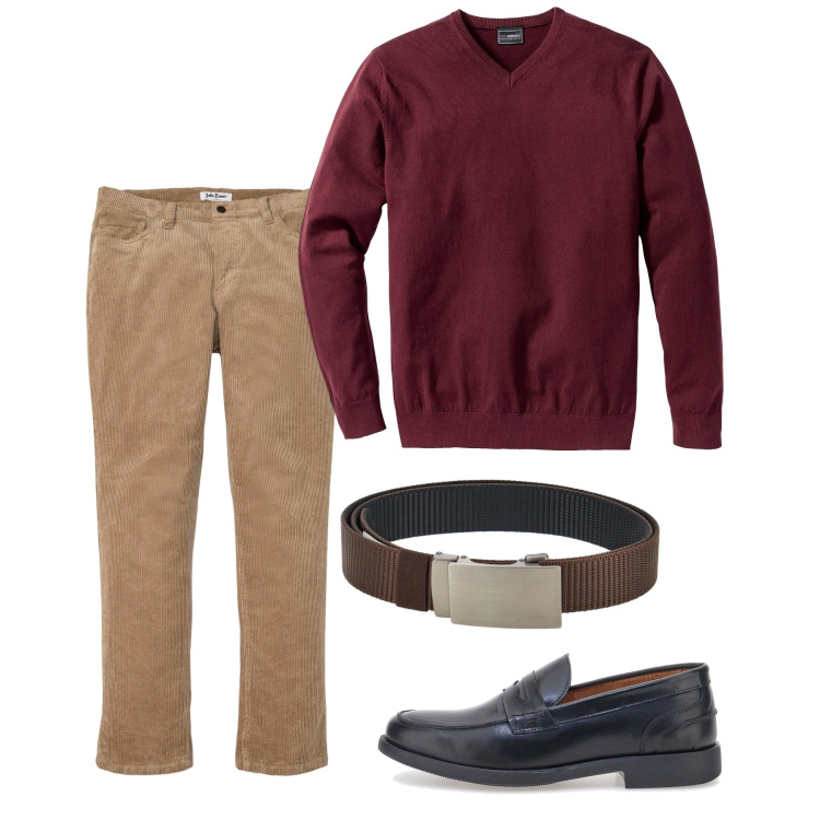 Outfit uomo - Ottobre. Stile Casual per Tutti i giorni. Abbinamento con maglieria, pantaloni, scarpe stringate, cinture.