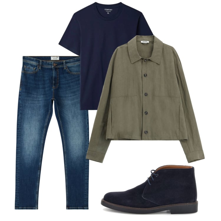 Outfit uomo - Autunno. Stile Casual per Tutti i giorni. Abbinamento con cappotti, t-shirt, jeans skinny, stivali e stivaletti.